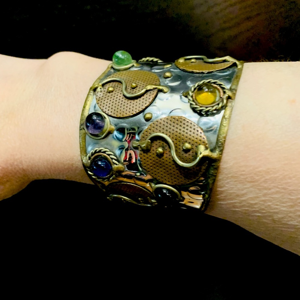 Silver Plated cuff bracelet With Colored Acrylic Stones Brass Accent Size M - XL